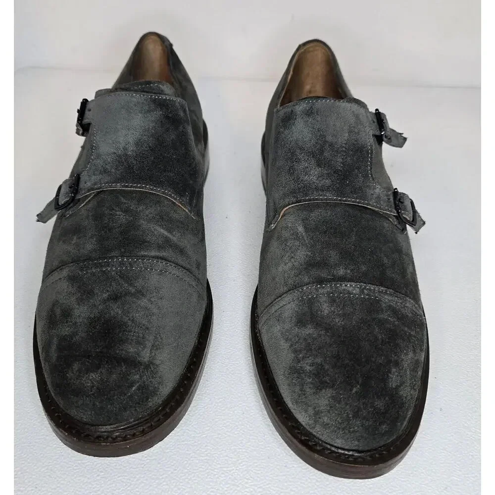 Men Frye James Double Monk Strap Loafers 81123 Sz 8.5 D Gray Suede Cap Toe Shoes